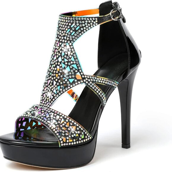 High Heeled Sandals Women Open Toe Strappy Platform Rhinestones Summer - Picture 1 of 6
